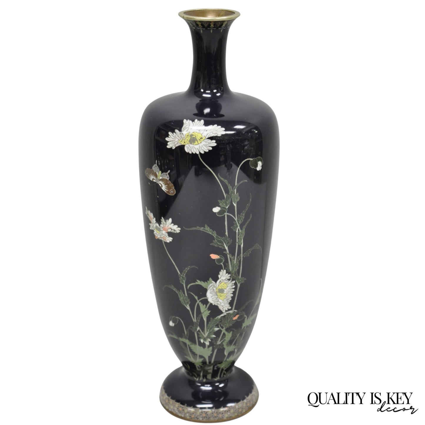 Meiji Period Japanese Cloisonne Enamel Dark Blue Daisy & Butterfly Tall Urn Vase