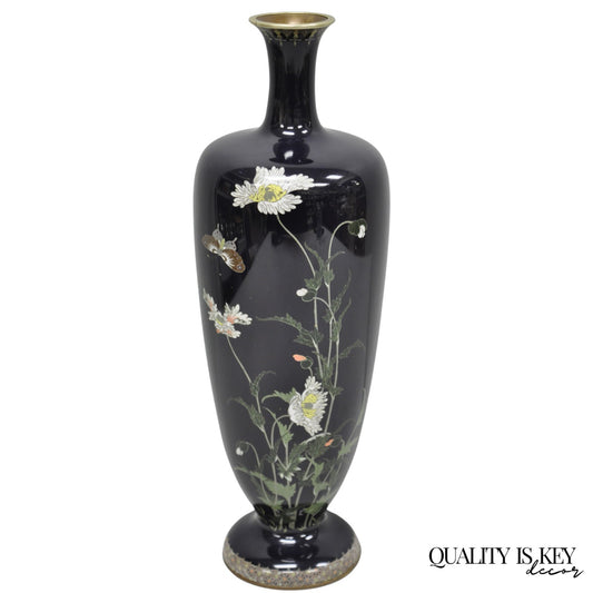 Meiji Period Japanese Cloisonne Enamel Dark Blue Daisy & Butterfly Tall Urn Vase