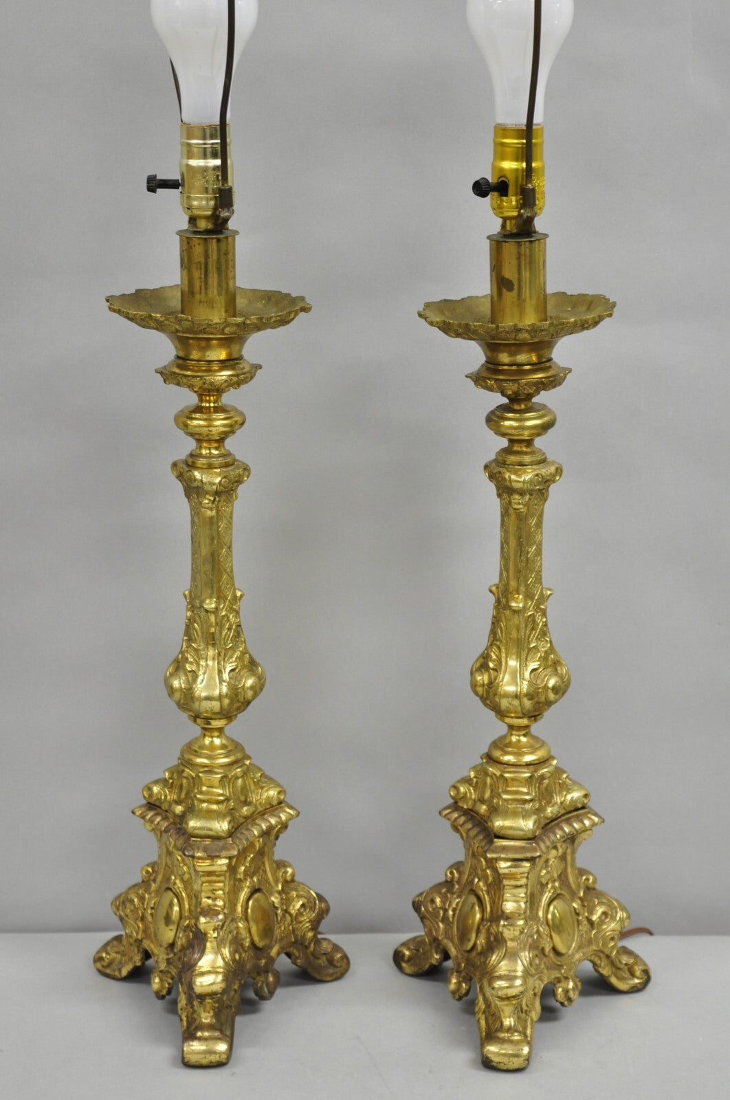 Vintage French Empire Baroque Ornate Brass Candlestick Table Lamps - a Pair