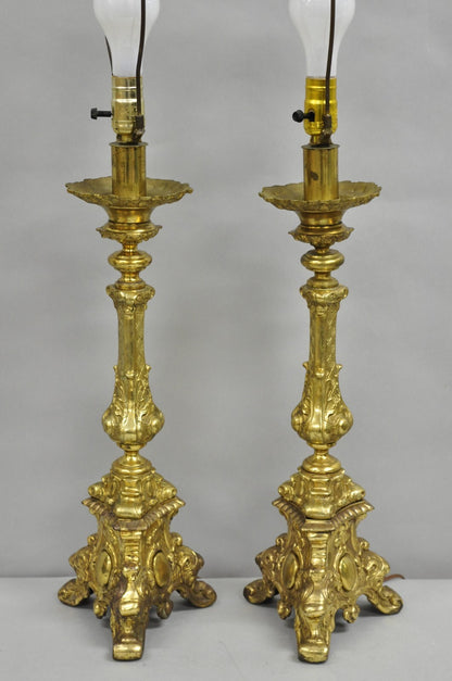 Vintage French Empire Baroque Ornate Brass Candlestick Table Lamps - a Pair