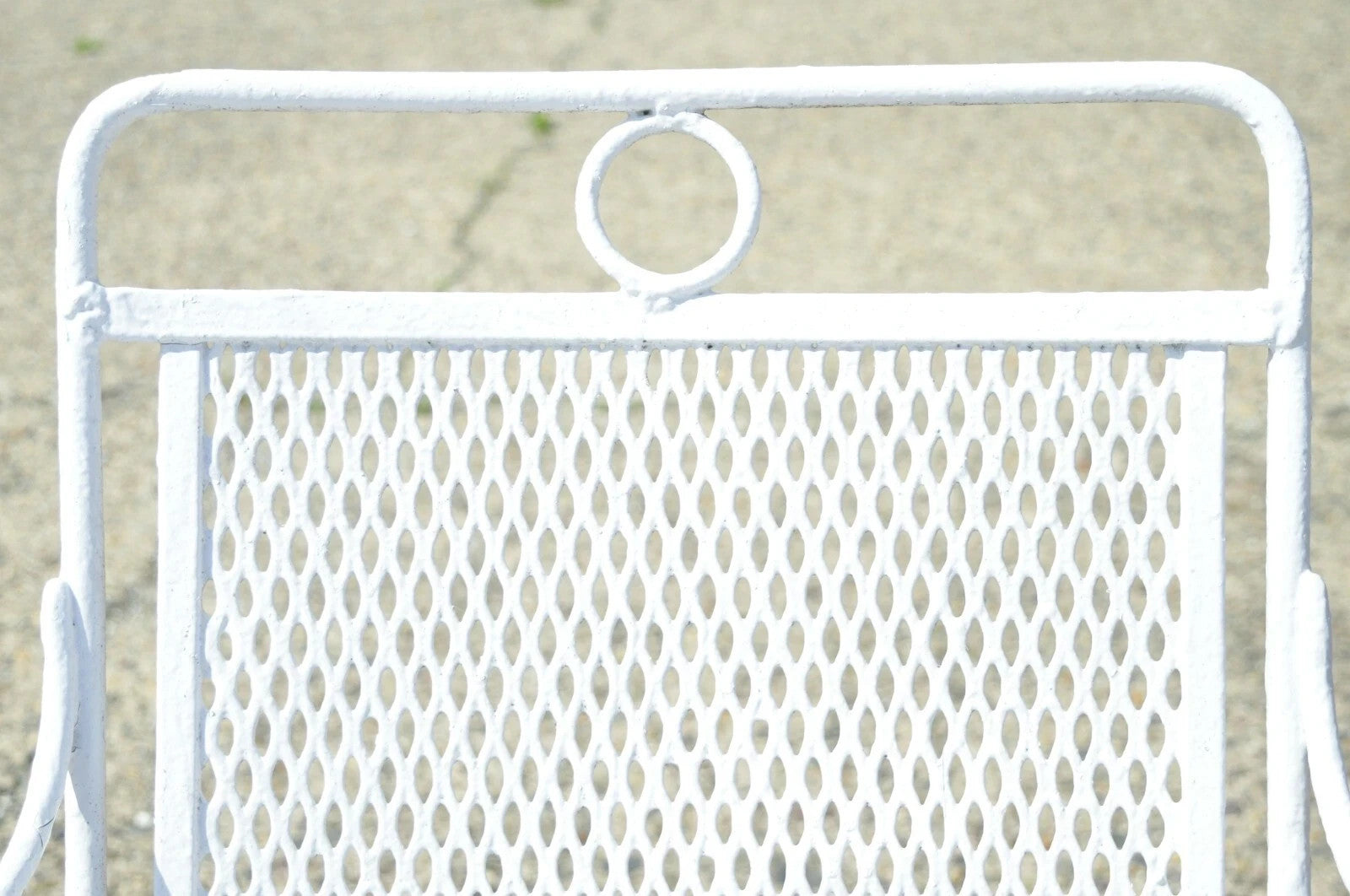Vintage Russell Woodard White Wrought Iron Garden Patio Arm Chairs - a Pair