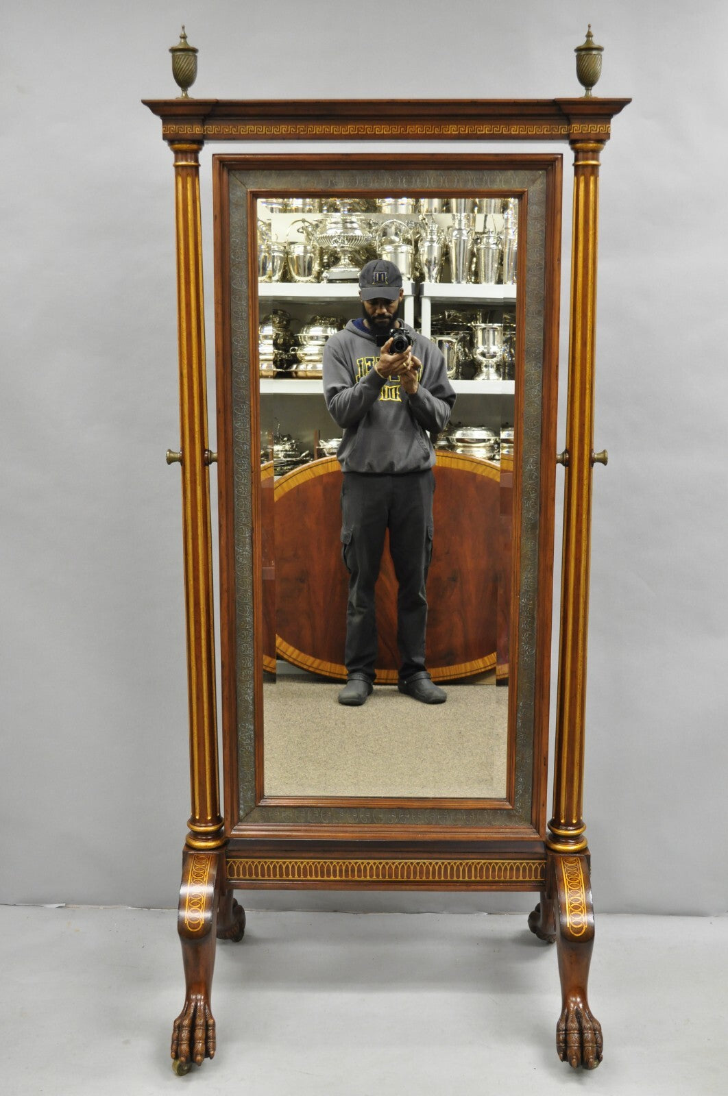 Maitland Smith French Empire Style Mahogany Paw Foot Tall Dressing Cheval Mirror