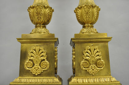 Antique French Empire Neoclassical Bronze Candlestick Column Table Lamps a Pair