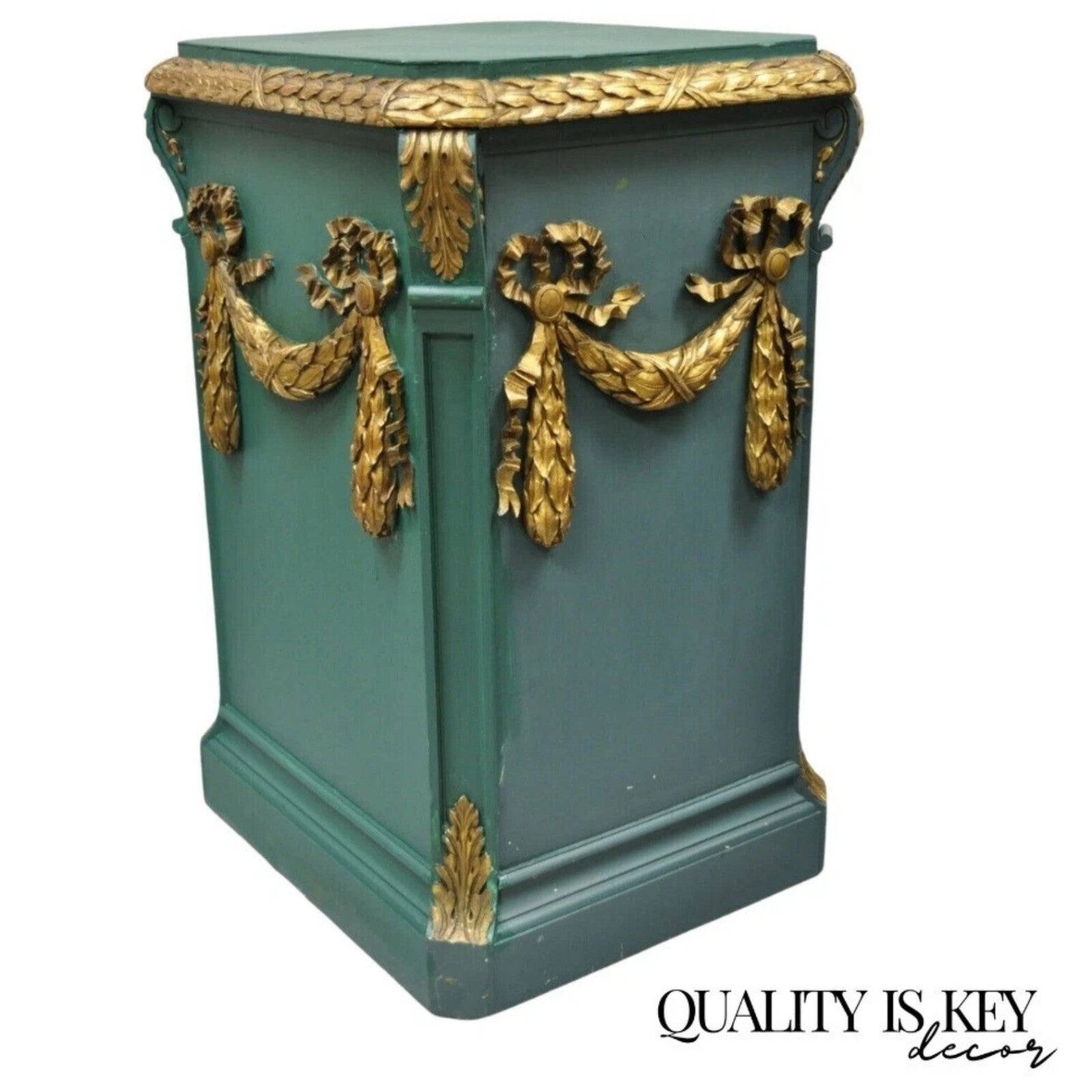 Vintage French Louis XVI Style Green Gold Carved Wood 39" Column Pedestal Stand