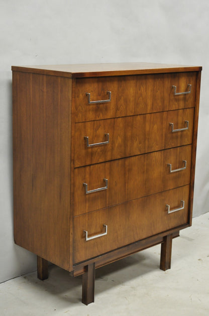 Vintage Mid Century Modern Walnut Veneer 4 Drawer Chrome Pull Tall Chest Dresser