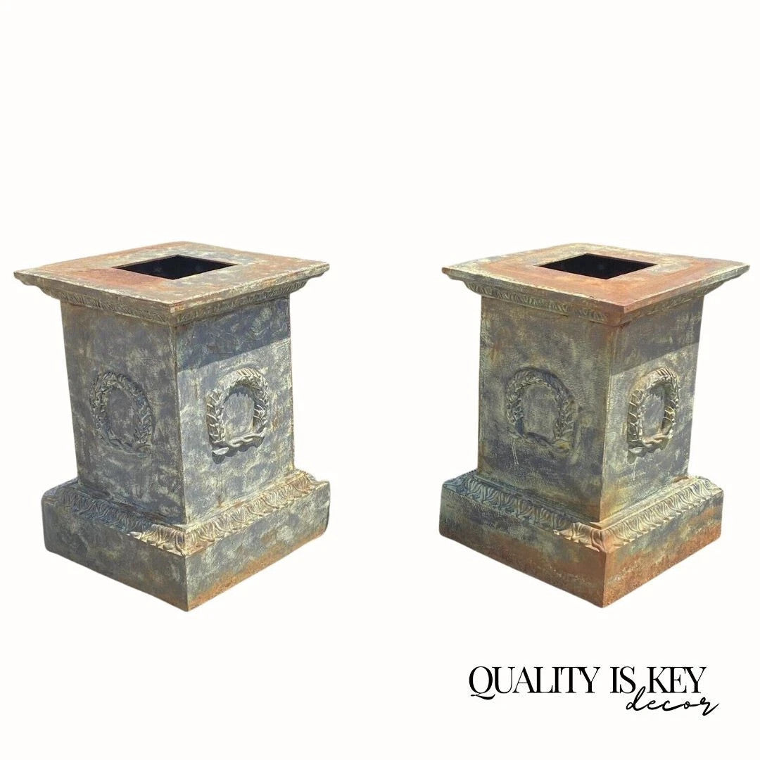 Vintage Neoclassical Cast Iron Wreath Garden Urn Planter Pedestal Base - Pair