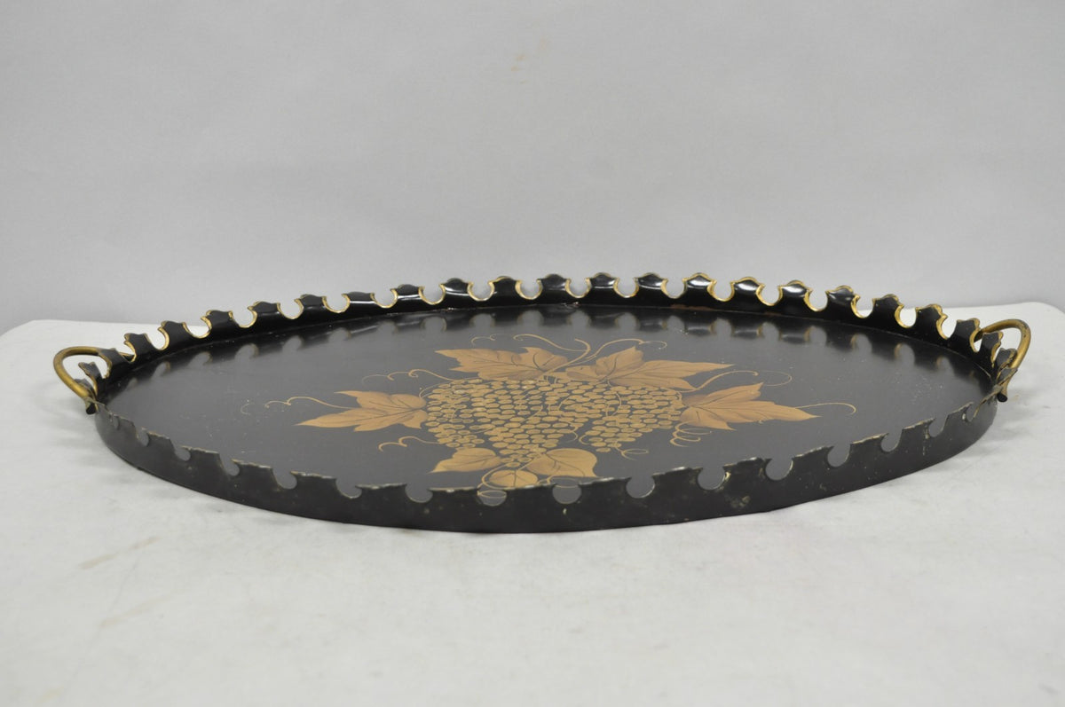 Vintage French Country Black and Gold Hand Painted Oval Toleware Serving Tray