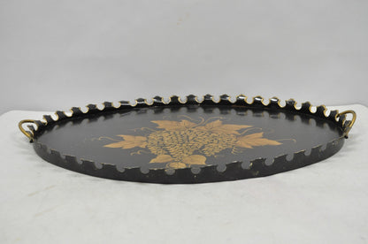Vintage French Country Black and Gold Hand Painted Oval Toleware Serving Tray