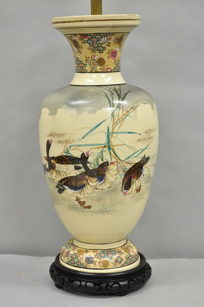 Antique Oriental Oversized Porcelain Satsuma Vase Japanese Table Lamp w/ Geese