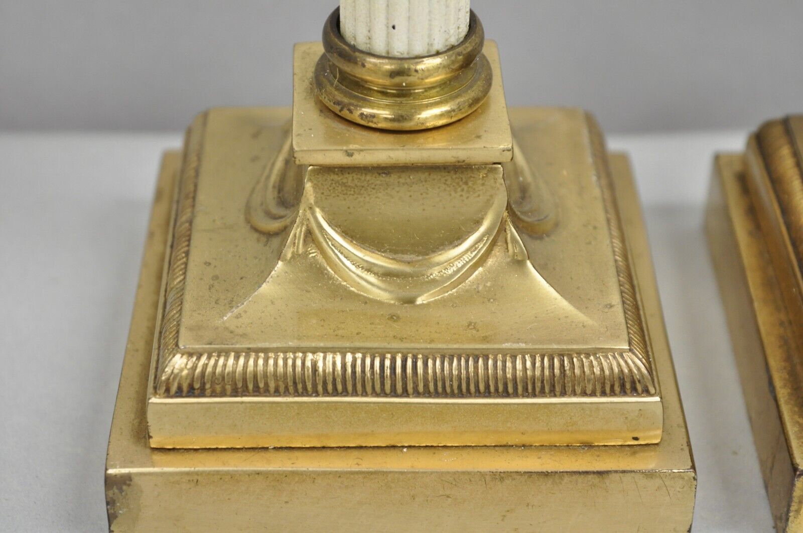 French Empire Neoclassical Small Thin Brass Candlestick Column Table Lamp a Pair