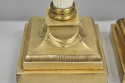 French Empire Neoclassical Small Thin Brass Candlestick Column Table Lamp a Pair