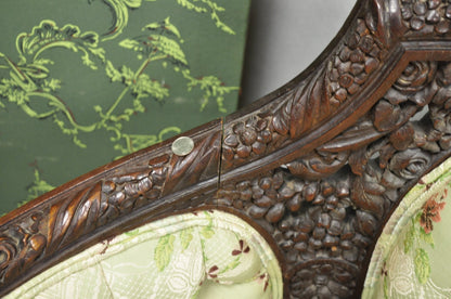 Antique Italian Renaissance Carved Walnut French Victorian Rams Head Green Sofa