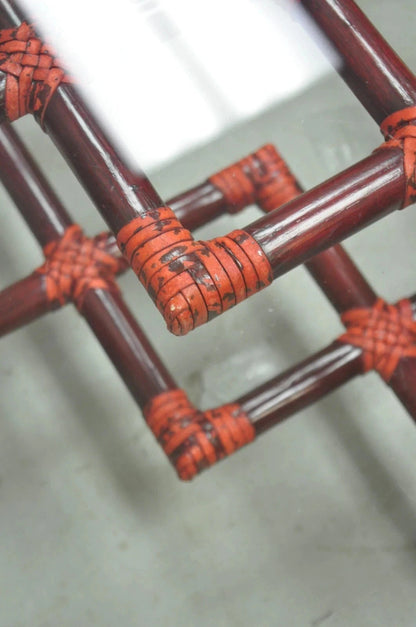 Vintage McGuire Red Rattan Bamboo and Brass Glass Top Square Coffee Table
