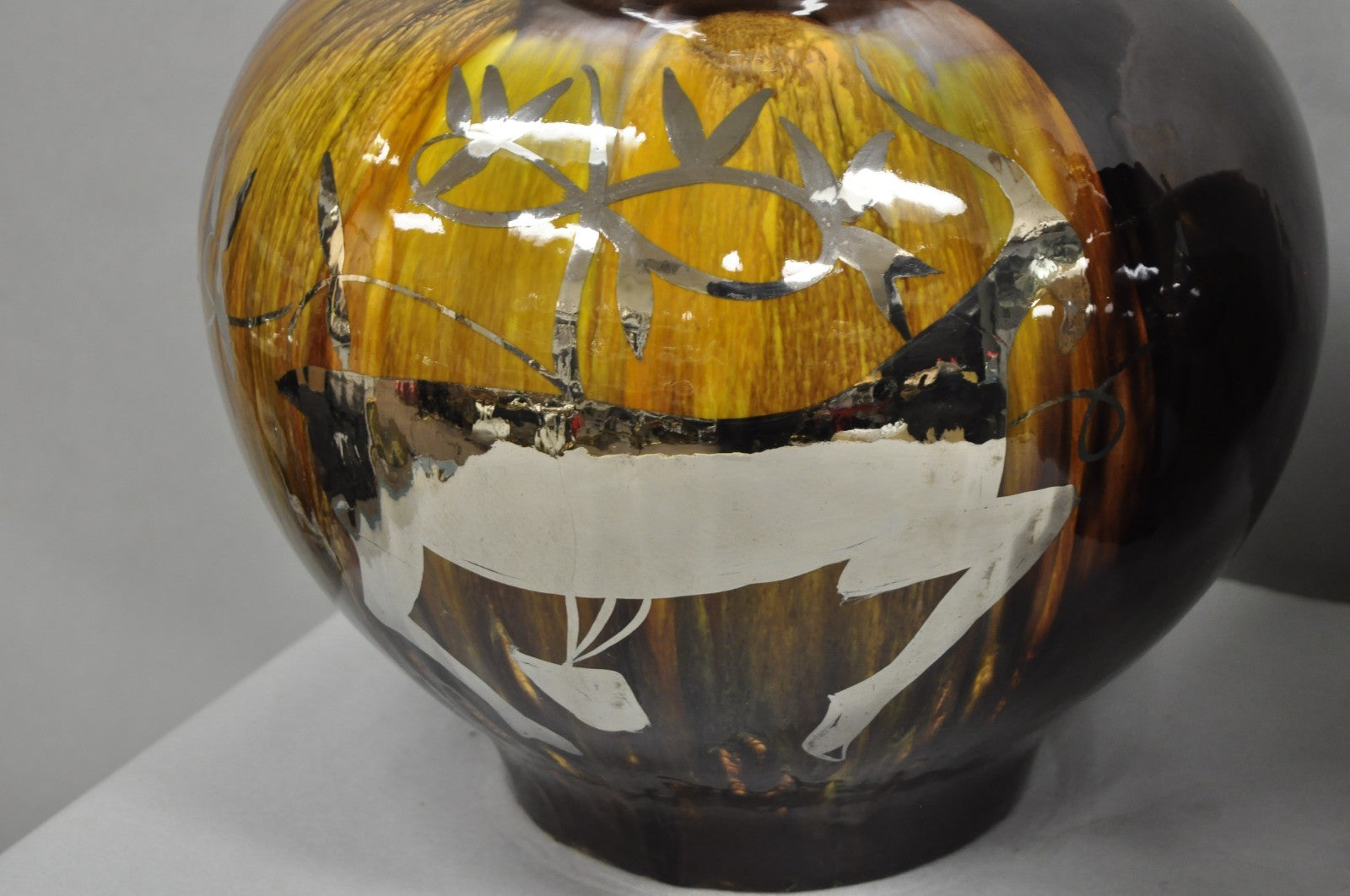 Mid Century Modern Sunset Cosco Ram Brown Drip Glaze Pottery Table Lamps Pair B