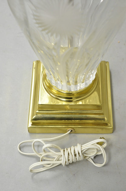 Vintage French Style Cut Crystal Glass Etched "Tulip Flower" Brass Table Lamp