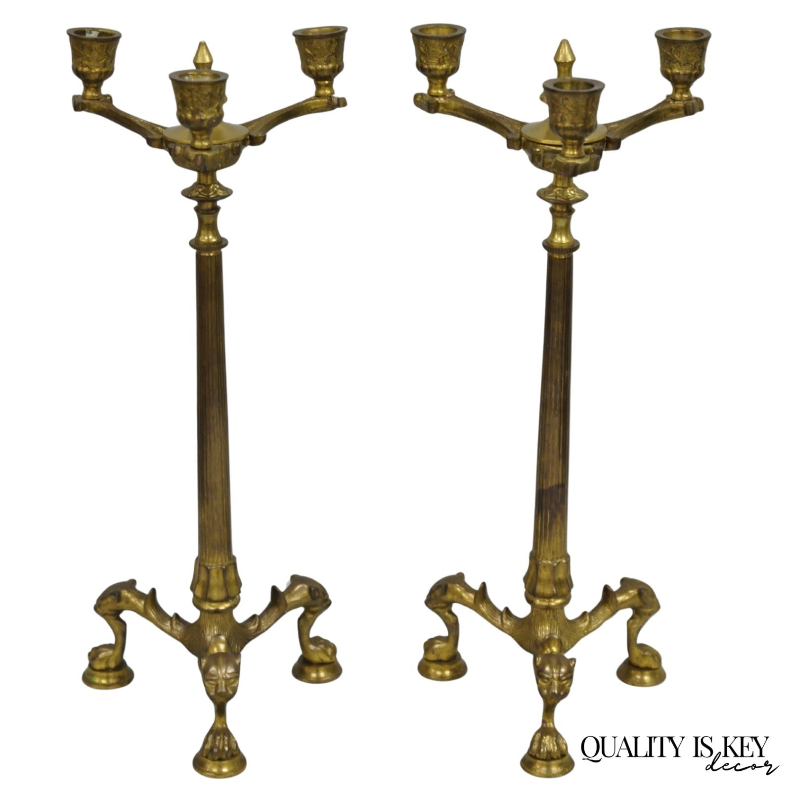 Antique French Renaissance Gothic Figural Brass 16" Candelabra w/ Lions - a Pair
