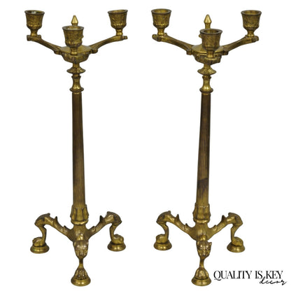 Antique French Renaissance Gothic Figural Brass 16" Candelabra w/ Lions - a Pair