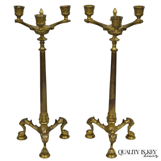 Antique French Renaissance Gothic Figural Brass 16" Candelabra w/ Lions - a Pair