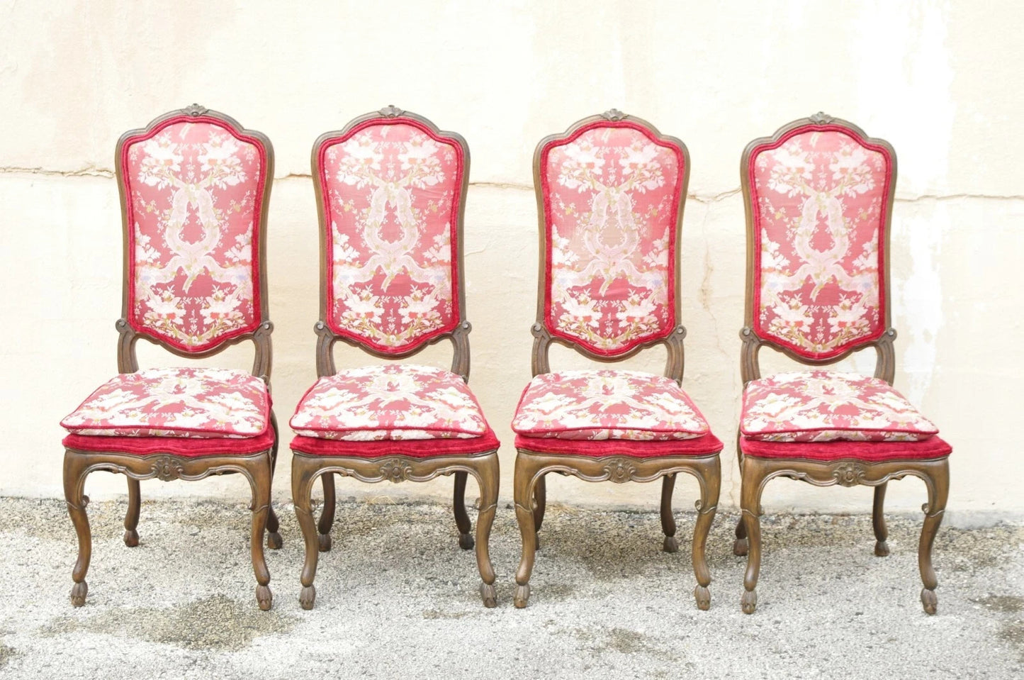 Vintage Italian Regency Style Carved Walnut Red Fabric Dining Chairs - Set of 6
