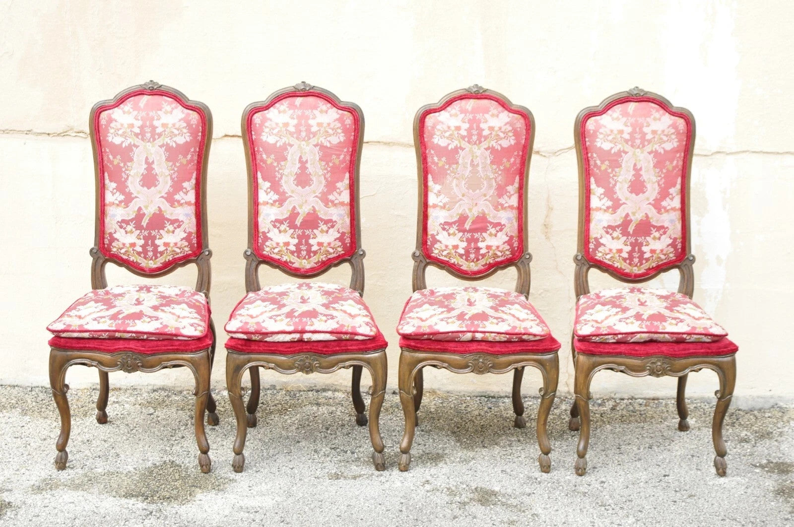 Vintage Italian Regency Style Carved Walnut Red Fabric Dining Chairs - Set of 6