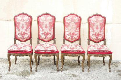 Vintage Italian Regency Style Carved Walnut Red Fabric Dining Chairs - Set of 6