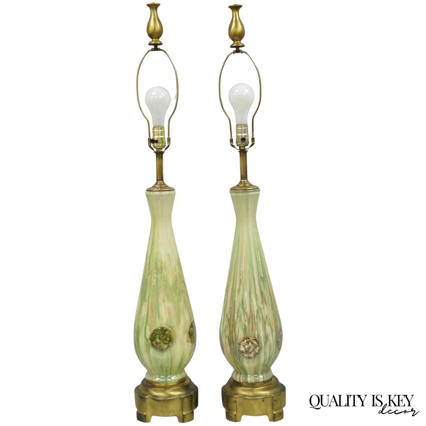 Vintage Mid Century Modern Italian Murano Green Blown Glass Table Lamps - a Pair