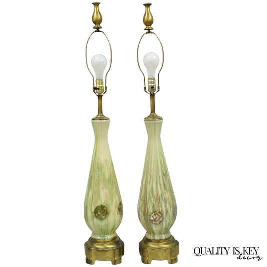 Vintage Mid Century Modern Italian Murano Green Blown Glass Table Lamps - a Pair