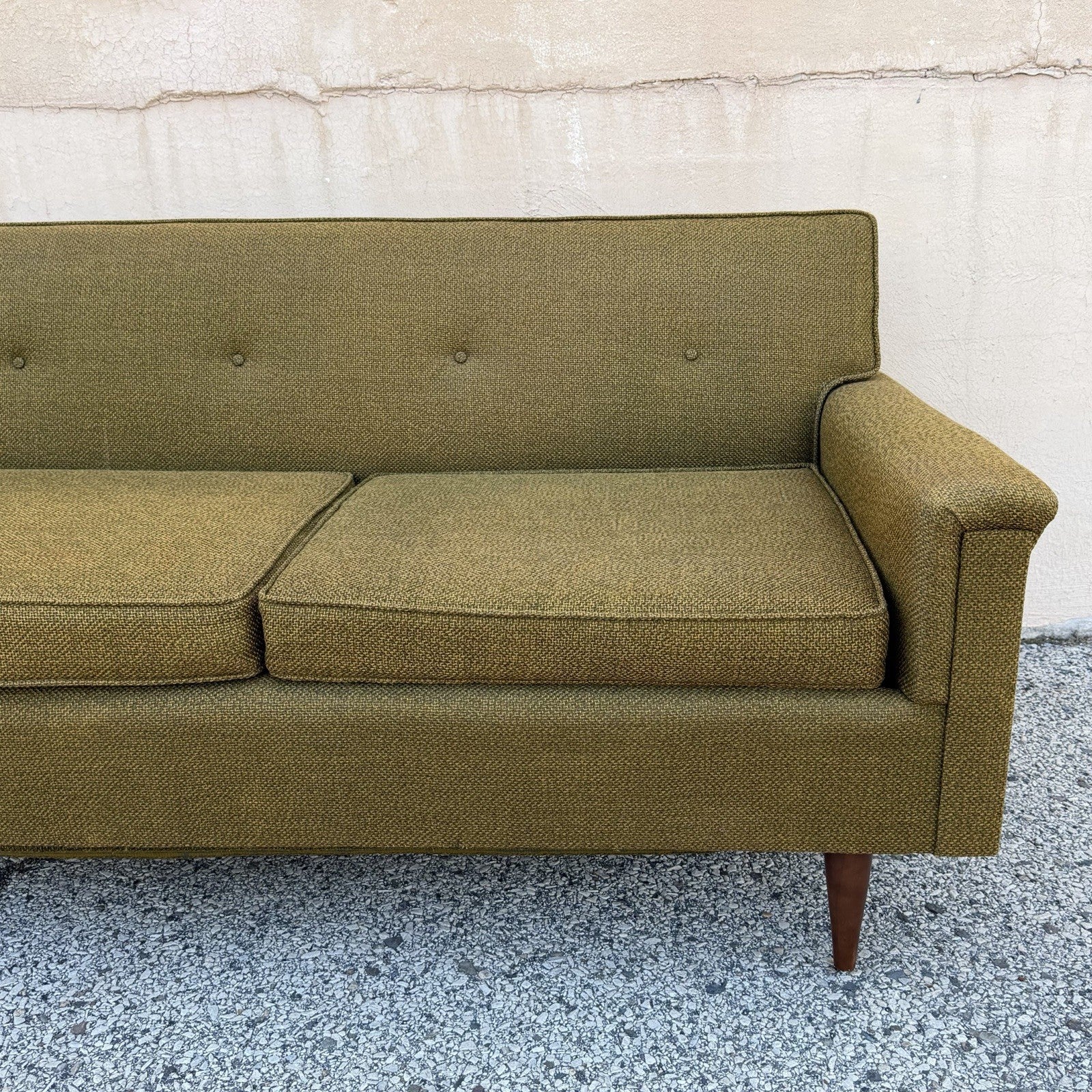 Vintage Mid Century Modern Greenish Brown Tufted 82" Sofa Couch w/ Walnut Legs