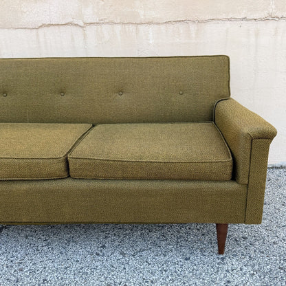 Vintage Mid Century Modern Greenish Brown Tufted 82" Sofa Couch w/ Walnut Legs
