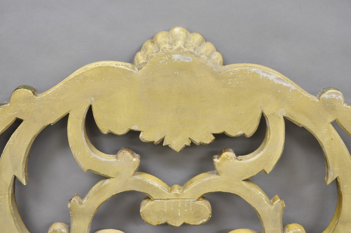 Vintage French Rococo Distressed Cream Painted Queen Size Wood Bed Headboard