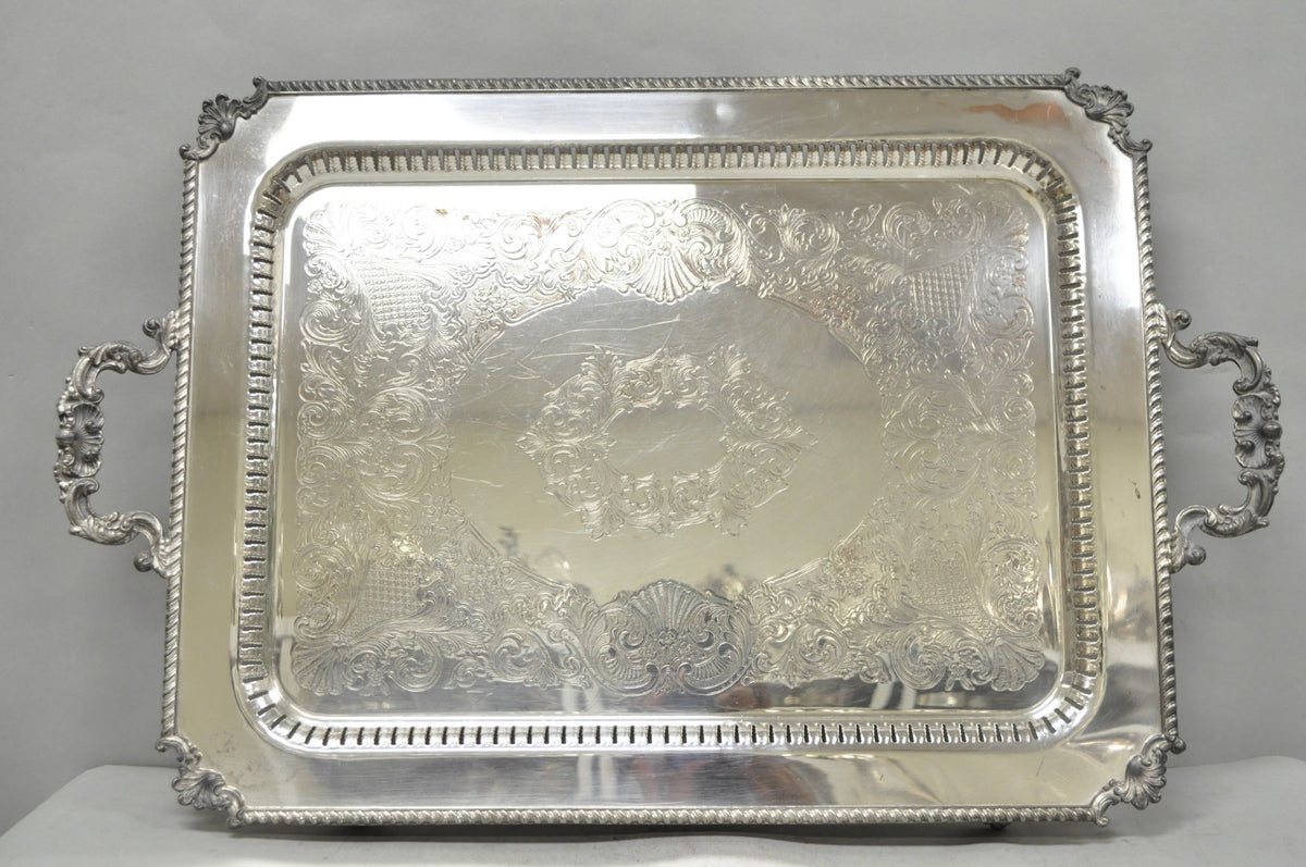 Vintage English Victorian Large Silver Plated Twin Handle Serving Platter Tray