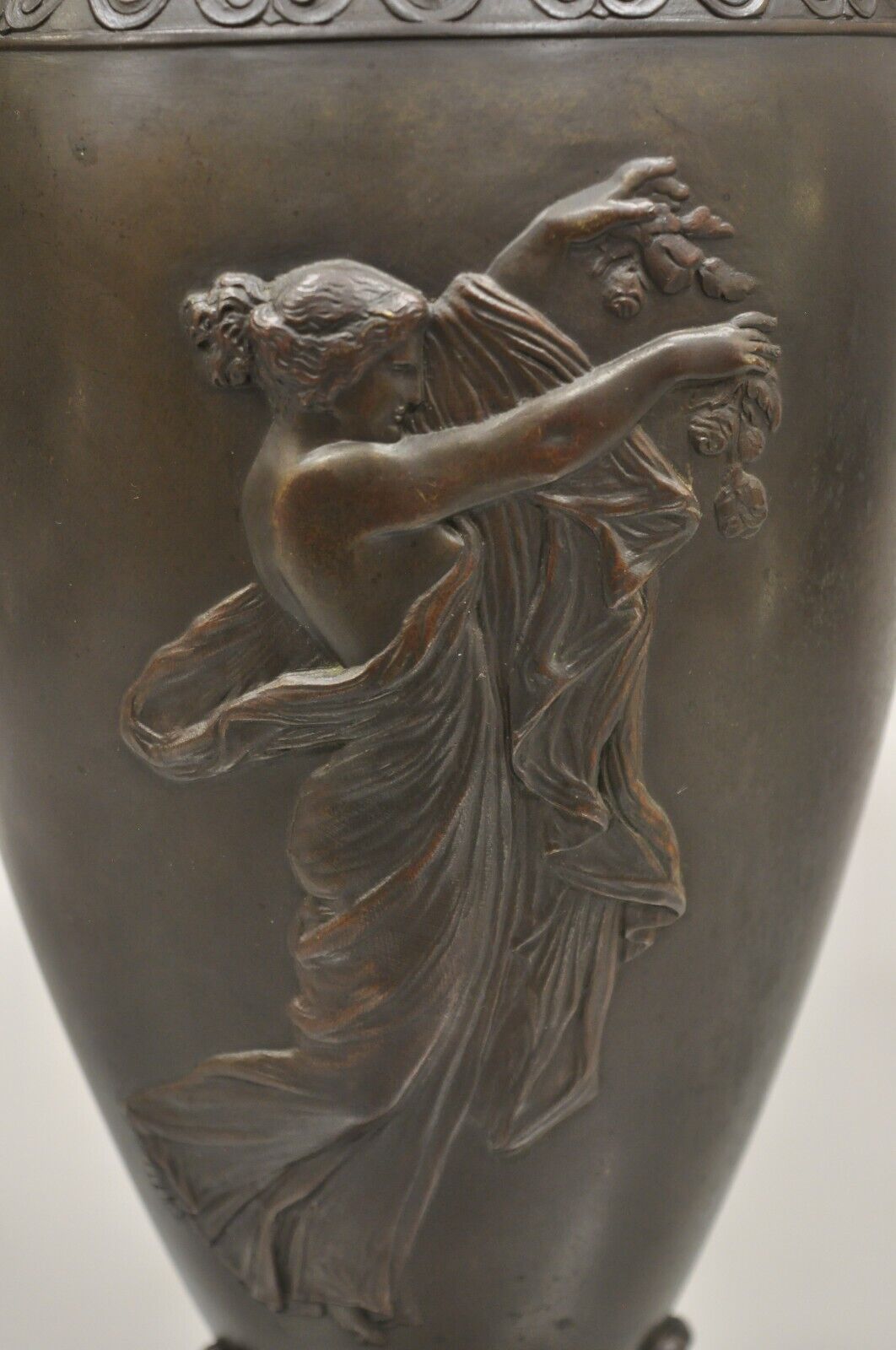 19th C Alfred Daubree French Neoclassical Bronze Figural Urn Vase with Lions
