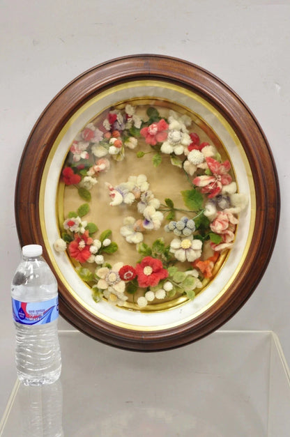 Victorian Oval Mahogany Shadow Box Frame Felt Cotton Flower Mourning Wall Wreath