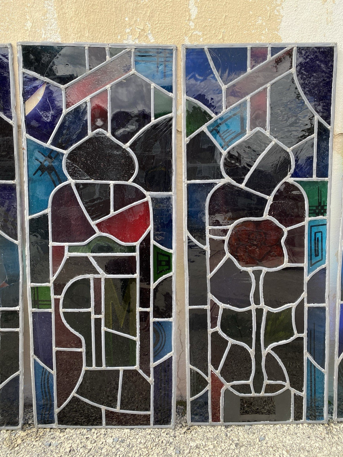 Vintage Art Deco Blue & Red Leaded Stained Glass Church Window w/ Cross - 6 Pcs