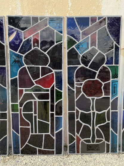 Vintage Art Deco Blue & Red Leaded Stained Glass Church Window w/ Cross - 6 Pcs