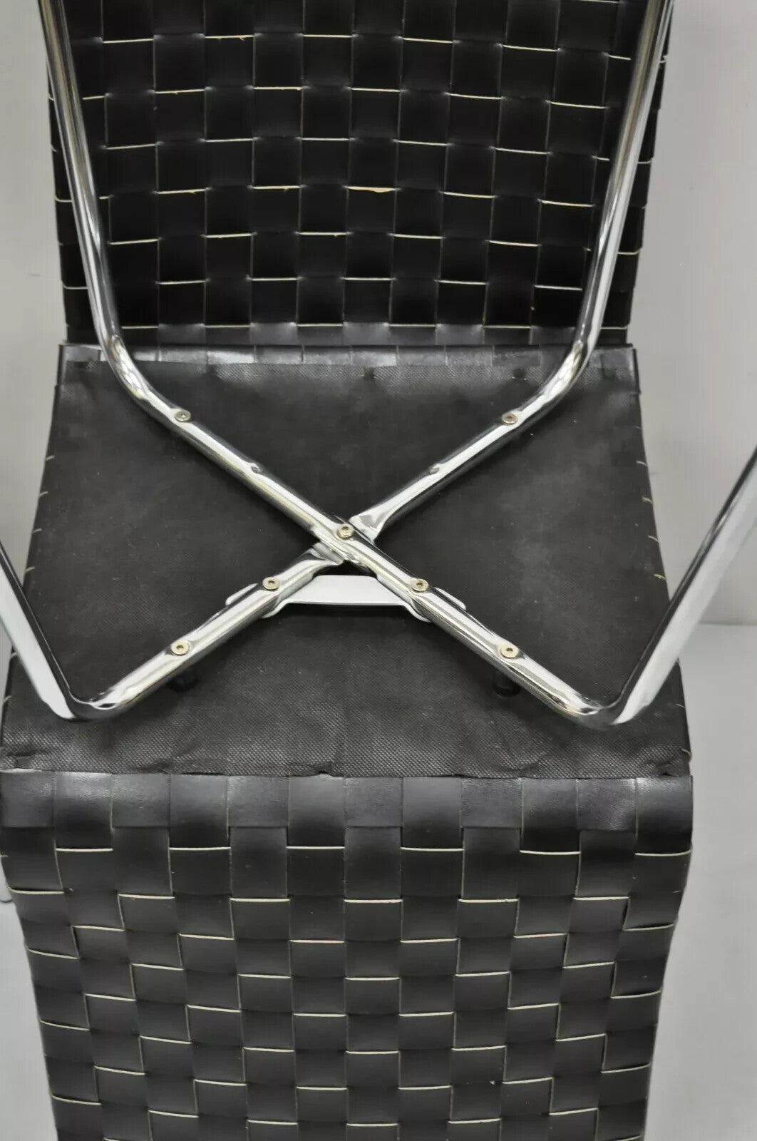 Contemporary Modern Black Woven Leather Chrome Frame Dining Chairs - Set of 4