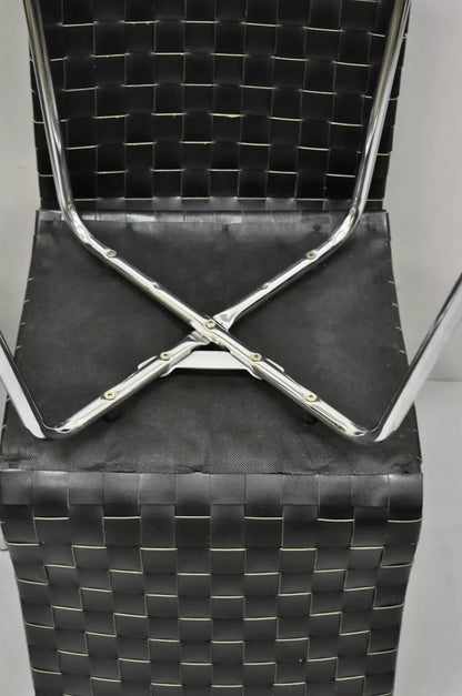 Contemporary Modern Black Woven Leather Chrome Frame Dining Chairs - Set of 4