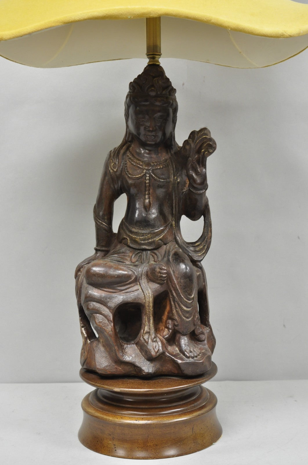Vintage Buddhist Kuan Yin Brown Ceramic Sculpture Figure Table Lamp w/ Shade