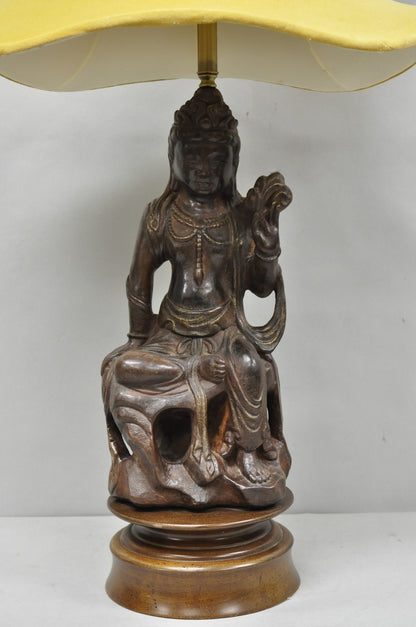 Vintage Buddhist Kuan Yin Brown Ceramic Sculpture Figure Table Lamp w/ Shade