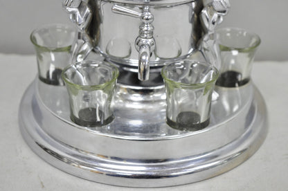 Vintage Art Deco Figural Chrome Metal Barware Samovar Decanter w/ Shot Glasses