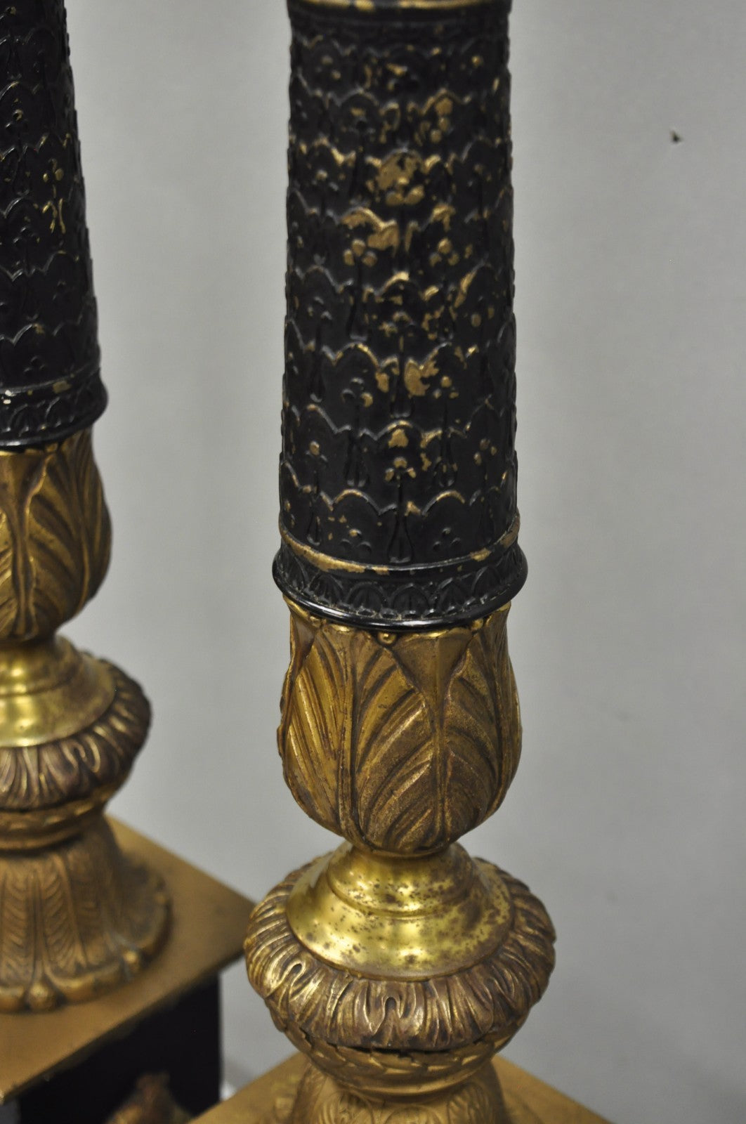 Antique French Empire Style Figural Black & Gold Tall Column Table Lamps - Pair