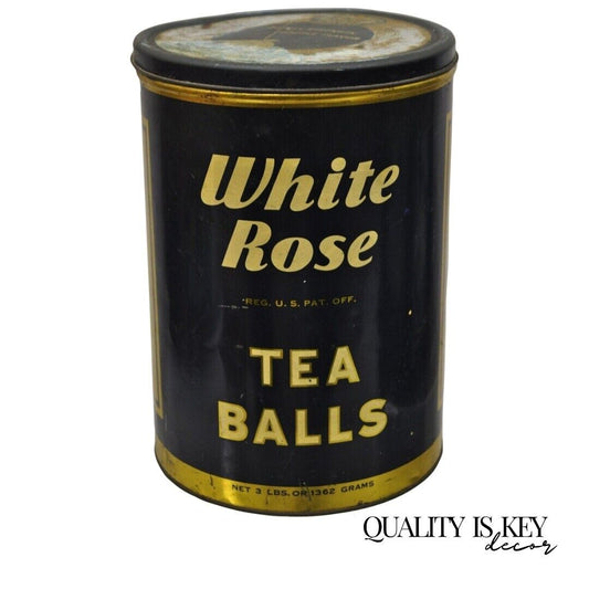 Vintage White Rose Tea Balls 3 lbs Tin Metal Container Can Advertisement