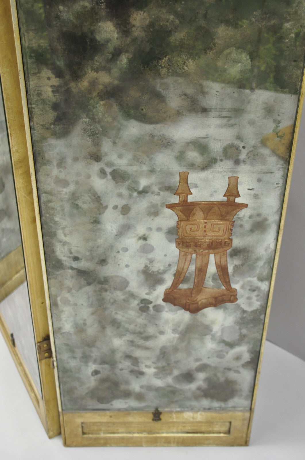 Antique Chinoiserie Oriental Eglomise Antiqued Mirror Glass 3 Panel Room Screen