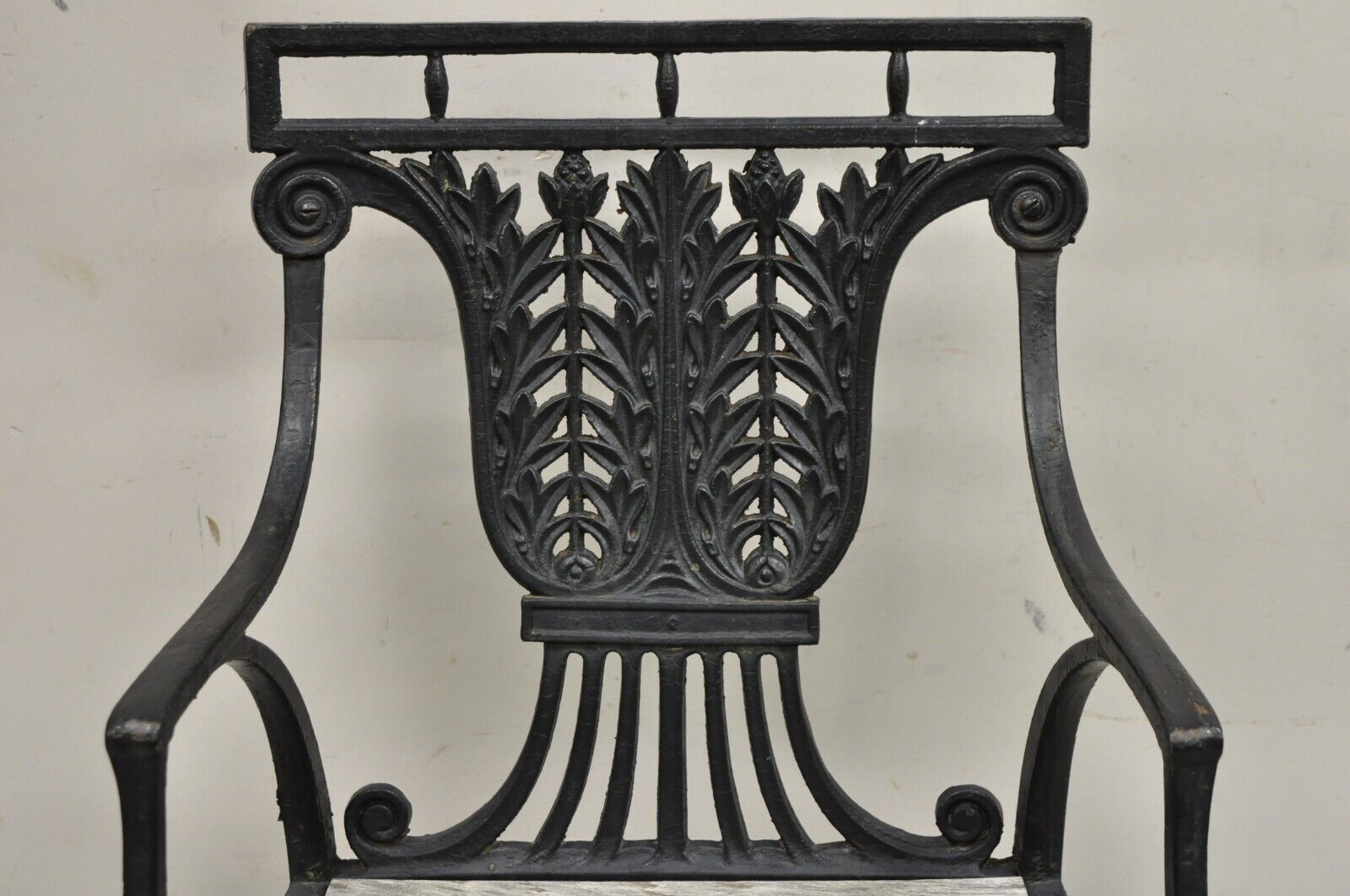 Antique French Regency Style Cast Iron Wooden Slat Garden Arm Chair
