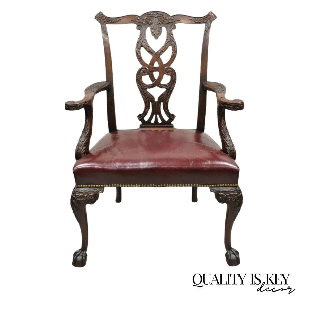 Antique Chippendale Georgian Carved Mahogany Ball and Claw Leather Arm Chair