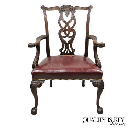 Antique Chippendale Georgian Carved Mahogany Ball and Claw Leather Arm Chair