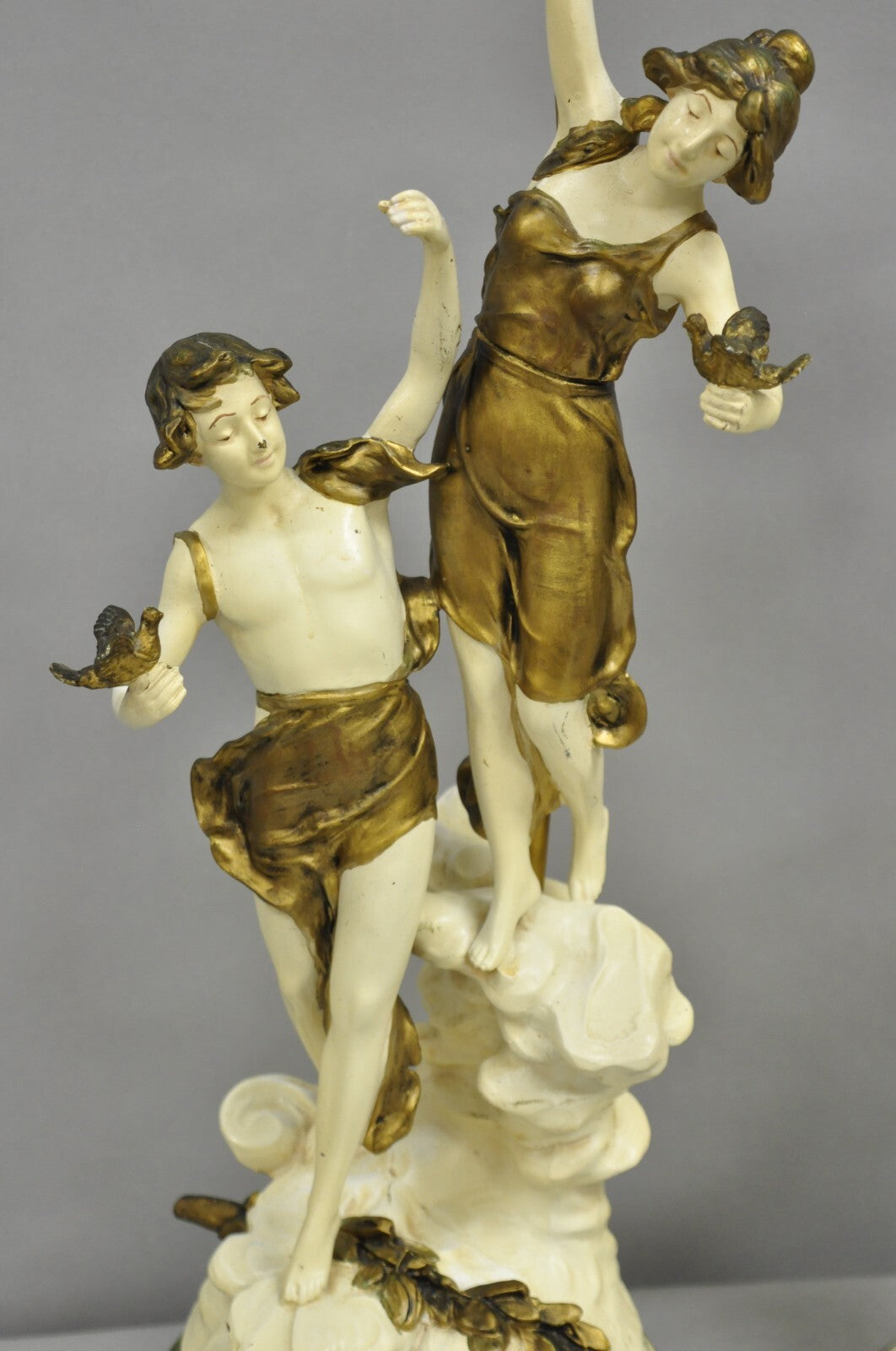 Antique L&F Moreau Spelter Metal Painted Figural Boy and Girl Table Lamp - Pair