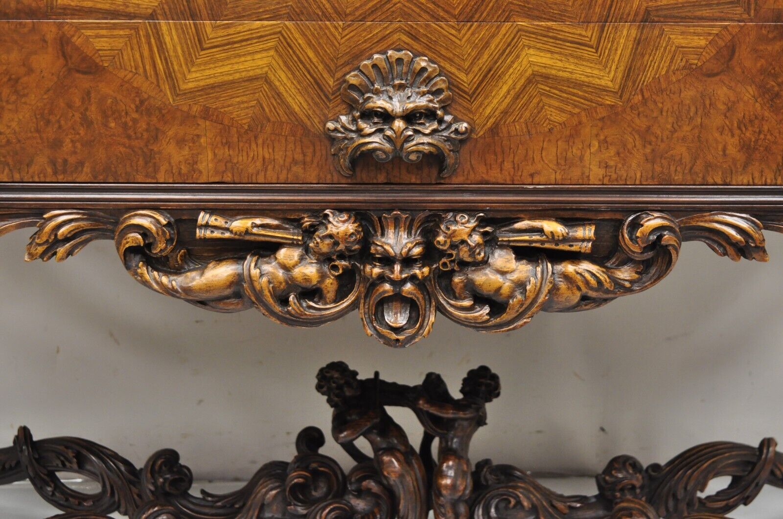French Renaissance Louis XV Style Figural Carved Walnut Curio Display Buffet