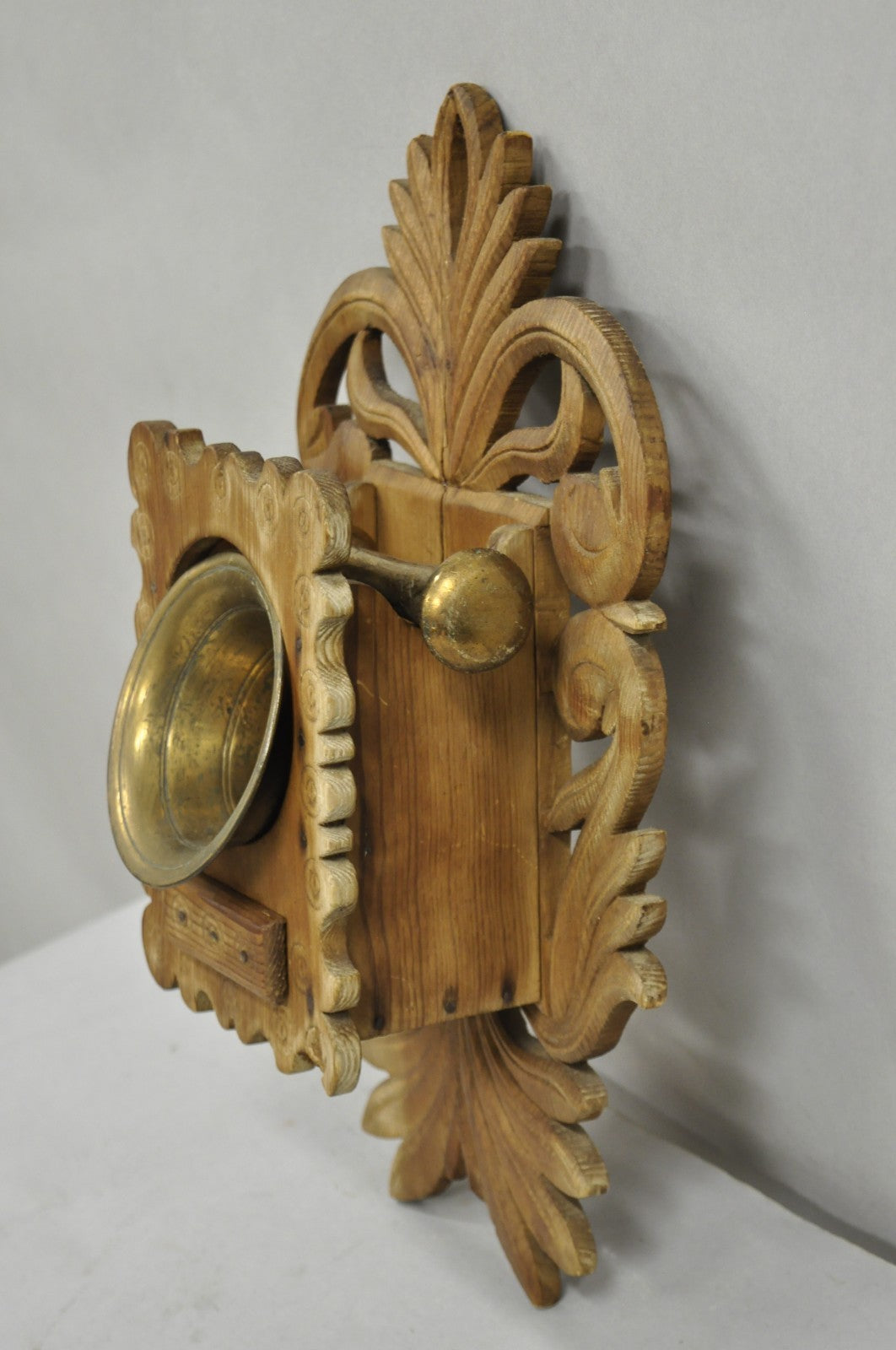 Antique Arts & Crafts Apothecary Wood Carving Wall Mounted Brass Mortar & Pestle