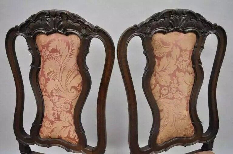Antique Italian Baroque Style Carved Walnut Dining Side Chairs - Set of 6